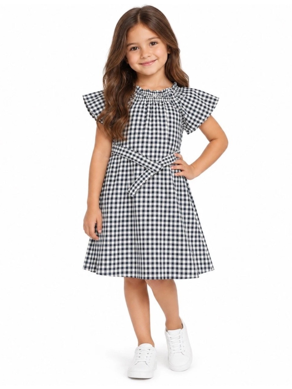 Uniqlo Big Girls Navy Blue Gingham Belted Dress Size 11 12 Years